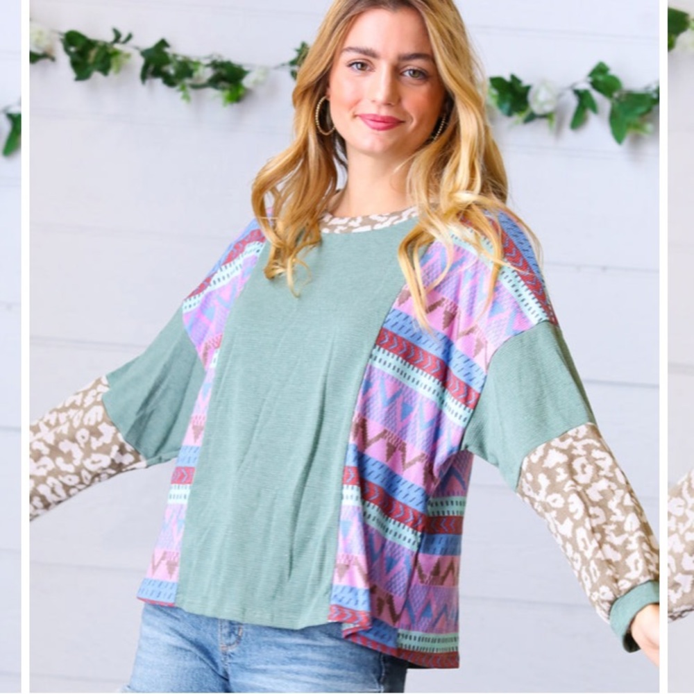 Ces Femme Green and Aztec Accent Top sizes SML